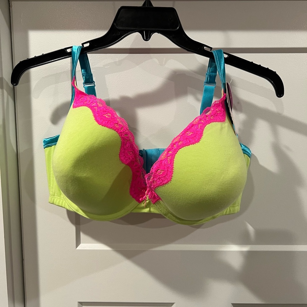 Cacique Neon Green Bra with Pink Lace